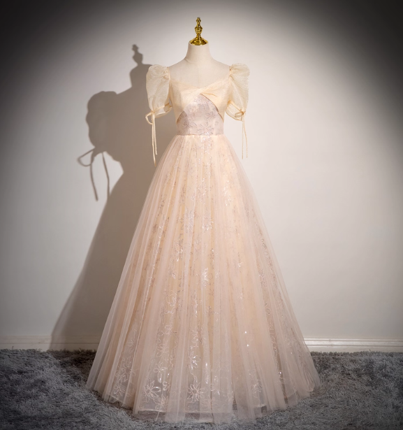 Princess Light Champagne Square Neck Puff Sleeve Bow Tulle Long Ball Gown Evening Dress Sweet 16 Dress Secondary image