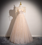 Princess Light Champagne Square Neck Puff Sleeve Bow Tulle Long Ball Gown Evening Dress Sweet 16 Dress