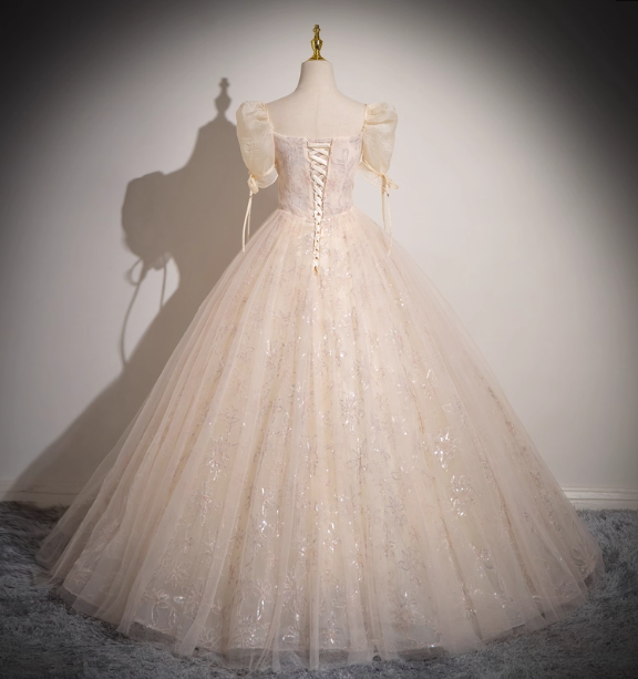 Princess Light Champagne Square Neck Puff Sleeve Bow Tulle Long Ball Gown Evening Dress Sweet 16 Dress