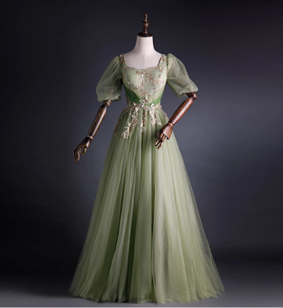 Princess Light Green Square Neck Puff Sleeve Gold Embroidery Tulle Ball Gown Evening Dress Sweet 16 Dress Secondary image