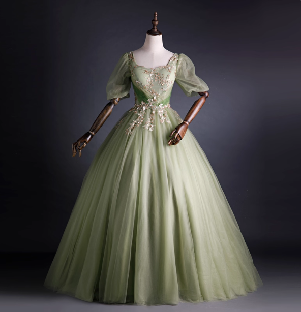 Princess Light Green Square Neck Puff Sleeve Gold Embroidery Tulle Ball Gown Evening Dress Sweet 16 Dress