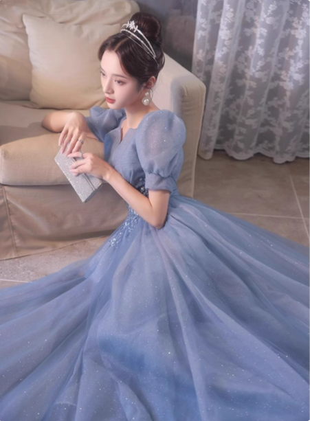 Princess Light Haze Blue Puff Sleeve A-Line Tulle Long Prom Dress Evening Dress Secondary image