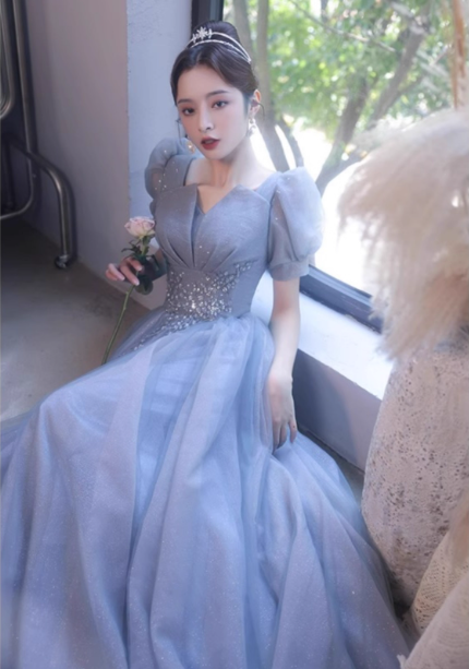 Princess Light Haze Blue Puff Sleeve A-Line Tulle Long Prom Dress Evening Dress Main image