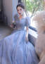 Princess Light Haze Blue Puff Sleeve A-Line Tulle Long Prom Dress Evening Dress