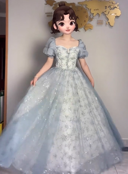 Princess Light Haze Blue Puffed Sleeve Embroidered Sequin Tulle Long Prom Dress Evening Dress Secondary image