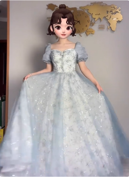 Princess Light Haze Blue Puffed Sleeve Embroidered Sequin Tulle Long Prom Dress Evening Dress