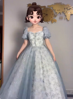 Princess Light Haze Blue Puffed Sleeve Embroidered Sequin Tulle Long Prom Dress Evening Dress