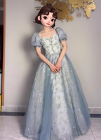 Princess Light Haze Blue Puffed Sleeve Embroidered Sequin Tulle Long Prom Dress Evening Dress