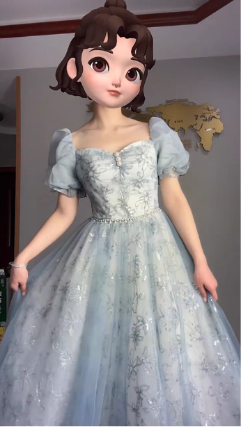 Princess Light Haze Blue Puffed Sleeve Embroidered Sequin Tulle Long Prom Dress Evening Dress