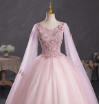 Princess Light Pink Crew Neck Cape Embroidered Tulle Ball Gown Evening Dress Sweet 16 Dress