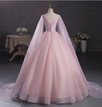 Princess Light Pink Crew Neck Cape Embroidered Tulle Ball Gown Evening Dress Sweet 16 Dress