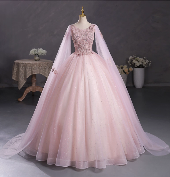 Princess Light Pink Crew Neck Cape Embroidered Tulle Ball Gown Evening Dress Sweet 16 Dress Main image