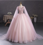 Princess Light Pink Crew Neck Cape Embroidered Tulle Ball Gown Evening Dress Sweet 16 Dress