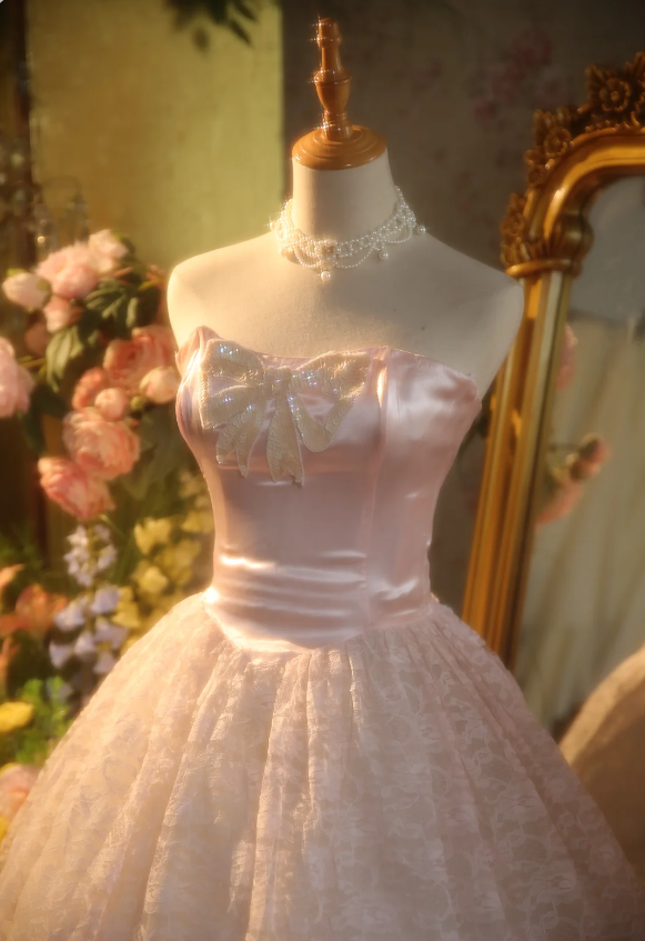 Princess Light Pink Strapless Lace Ball Gown Evening Dress Sweet 16 Dress