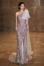 Princess Mermaid One Shoulder Party Dresses Sequin Lilac Prom Dresses