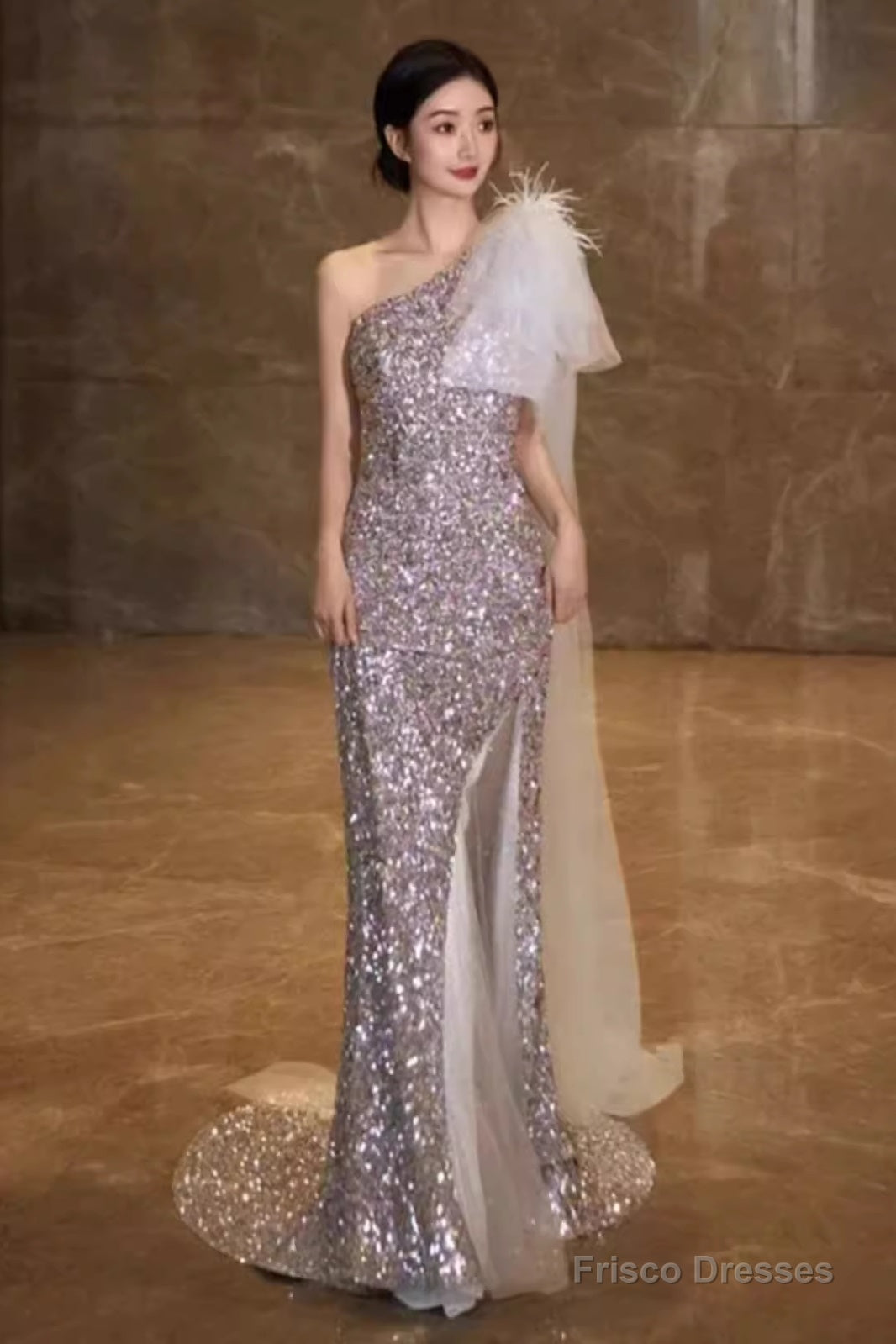 Princess Mermaid One Shoulder Party Dresses Sequin Lilac Prom Dresses