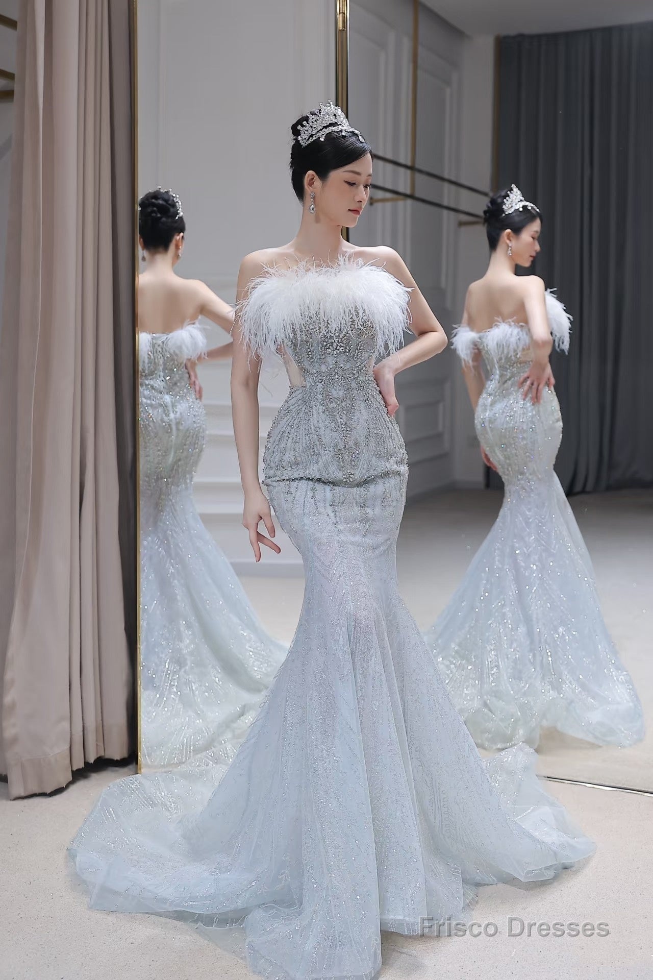Princess Mermaid Strapless Neckline Long Sequin Feathers Long Wedding Dresses Brides Dress Main image