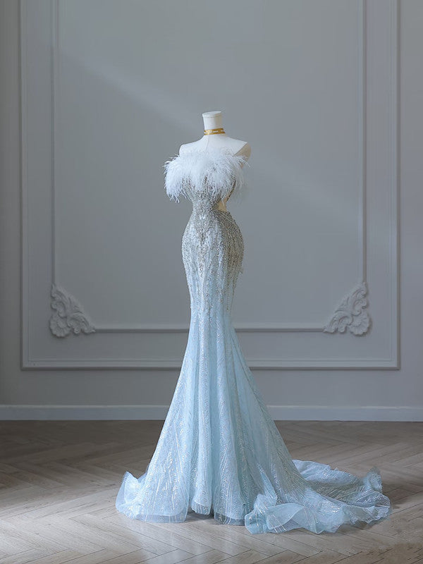 Princess Mermaid Strapless Neckline Long Sequin Light Sky Blue Long Wedding Dresses Brides Dress Secondary image