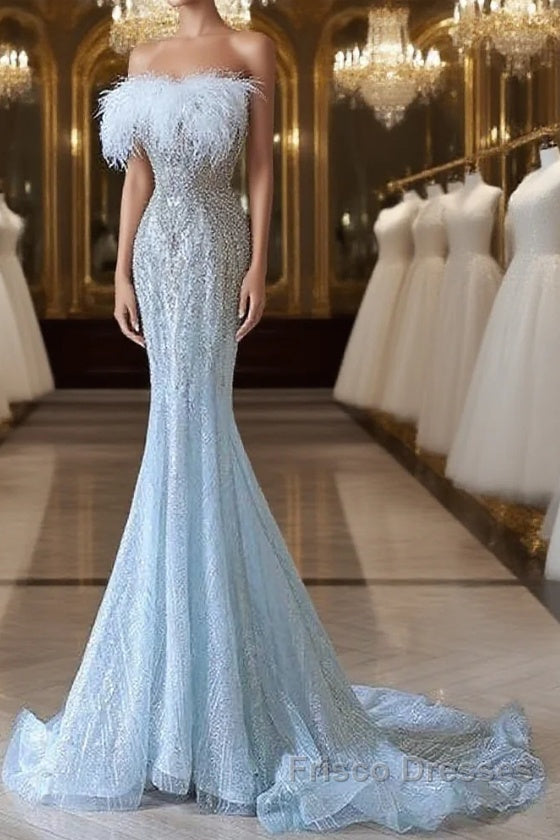 Princess Mermaid Strapless Neckline Long Sequin Light Sky Blue Long Wedding Dress Brides Dress Main image