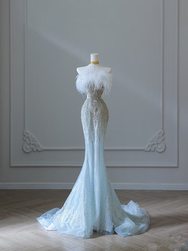 Princess Mermaid Strapless Neckline Long Sequin Light Sky Blue Long Wedding Dresses Brides Dress Main image