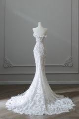 Princess Mermaid Strapless White Lace Long Wedding Dress Brides Dress