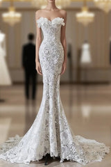 Princess Mermaid Strapless White Lace Long Wedding Dress Brides Dress