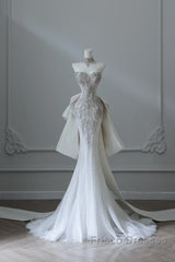 Princess Mermaid Sweetheart White Tulle Long Wedding Dress Brides Dress