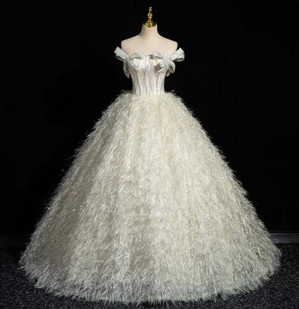 Princess Milk White Bowknot Off-The-Shoulder Feather Tulle Ball Gown Evening Dress Sweet 16 Dress Secondary image