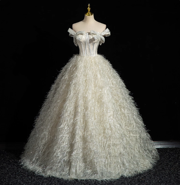 Princess Milk White Bowknot Off-The-Shoulder Feather Tulle Ball Gown Evening Dress Sweet 16 Dress Main image
