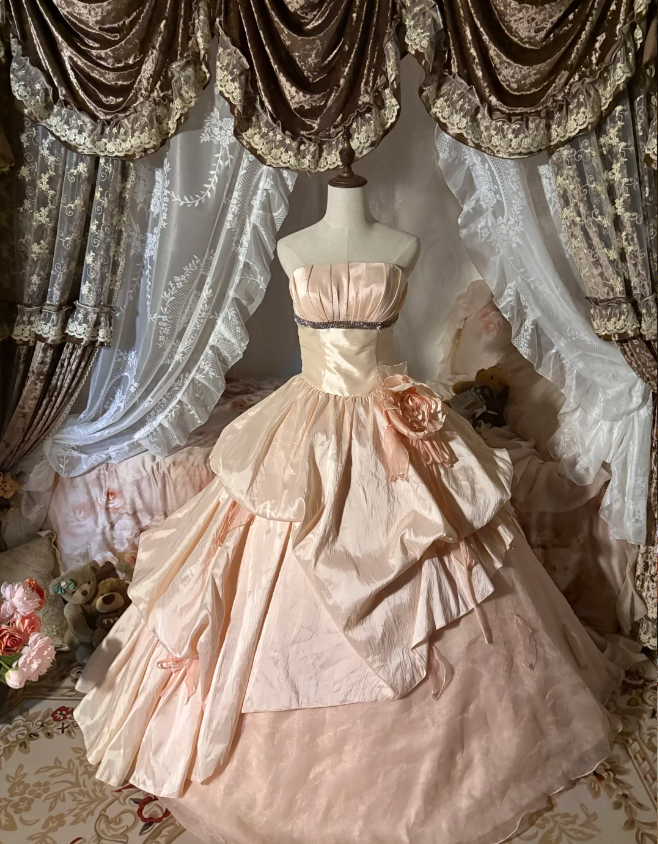 Princess Nude Pink Strapless 3D Floral Satin Train Ball Gown Evening Dress Sweet 16 Dress Main image