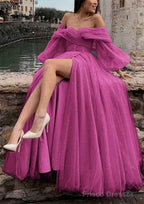 Princess Off-the-Shoulder Sweep Train Tulle Prom Dresses With Pleated Split