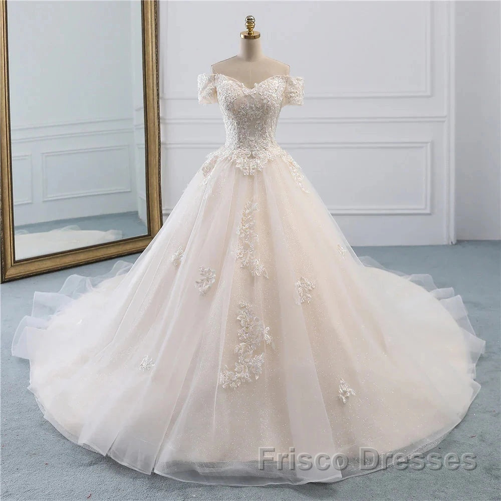Princess Off The Shoulder Tulle Wedding Dress With Lace Appliques Elegant Beautiful
