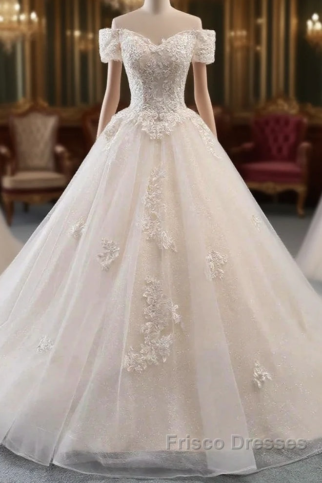 Princess Off The Shoulder Tulle Wedding Dress With Lace Appliques Elegant Beautiful Main image
