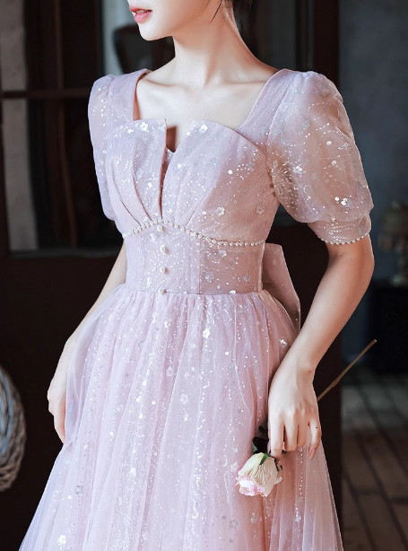 Princess Pink A-Line Square Neck Puff Short Sleeve Bow Tulle Long Prom Dress Evening Dress Secondary image
