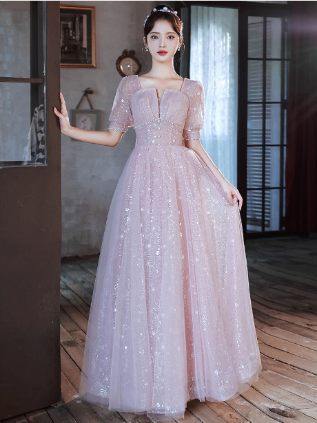 Princess Pink A-Line Square Neck Puff Short Sleeve Bow Tulle Long Prom Dress Evening Dress Main image