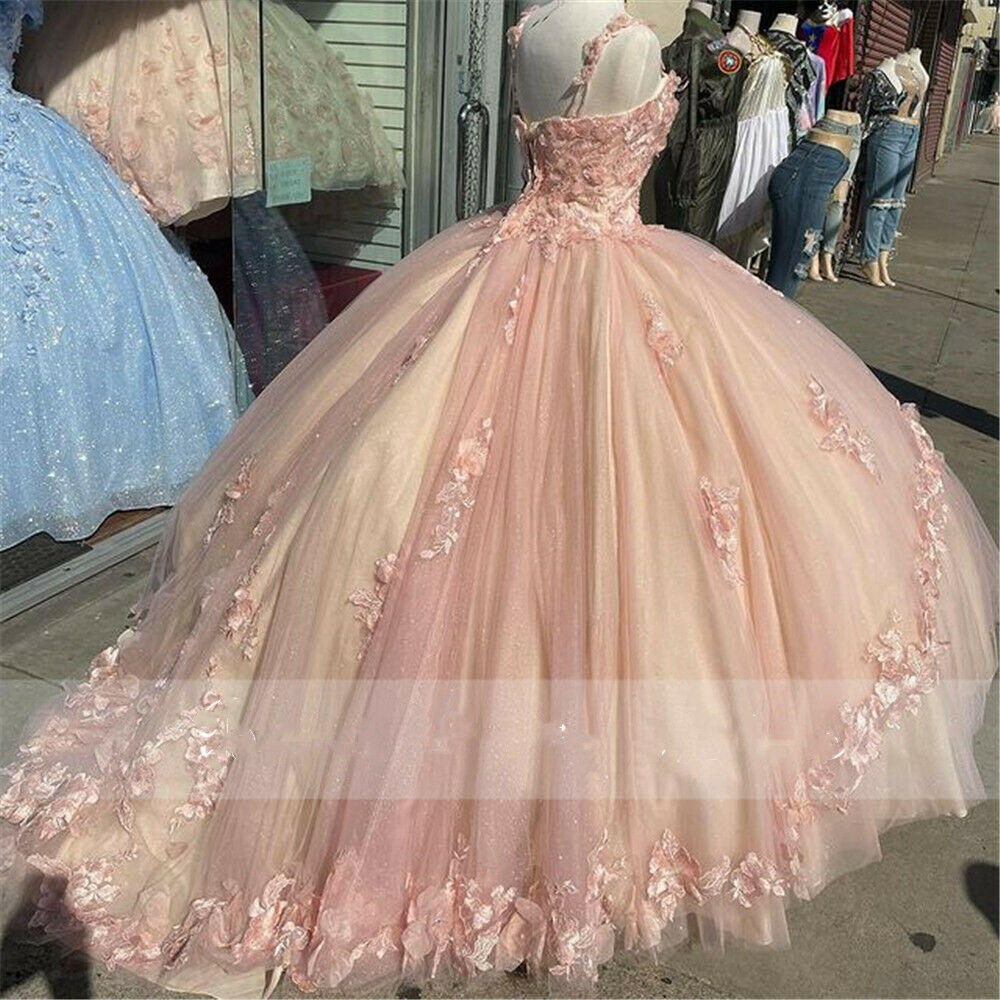 Princess Pink Quinceanera Dresses Lace Appliques Sweet 15 Party Prom Ball Gown