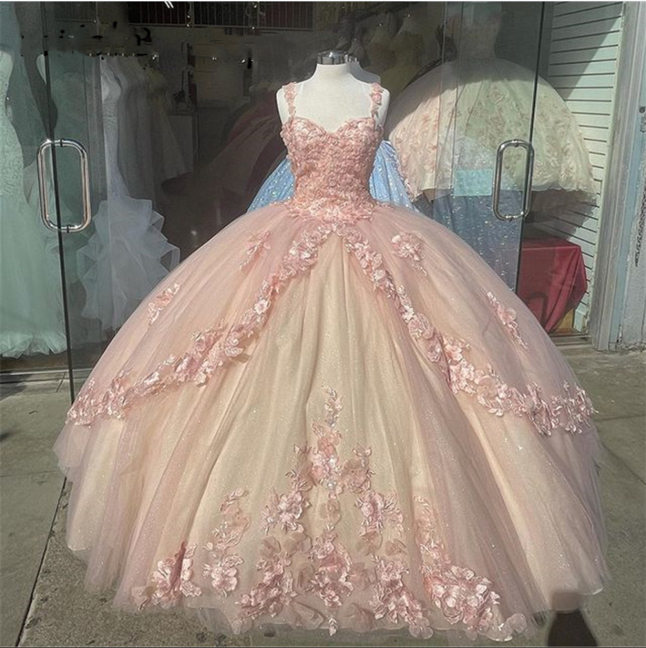 Princess Pink Quinceanera Dresses Lace Appliques Sweet 15 Party Prom Ball Gown