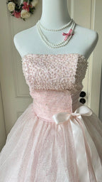 Princess Pink Strapless Bow Sequined Tulle Ball Gown Evening Dress Sweet 16 Dress