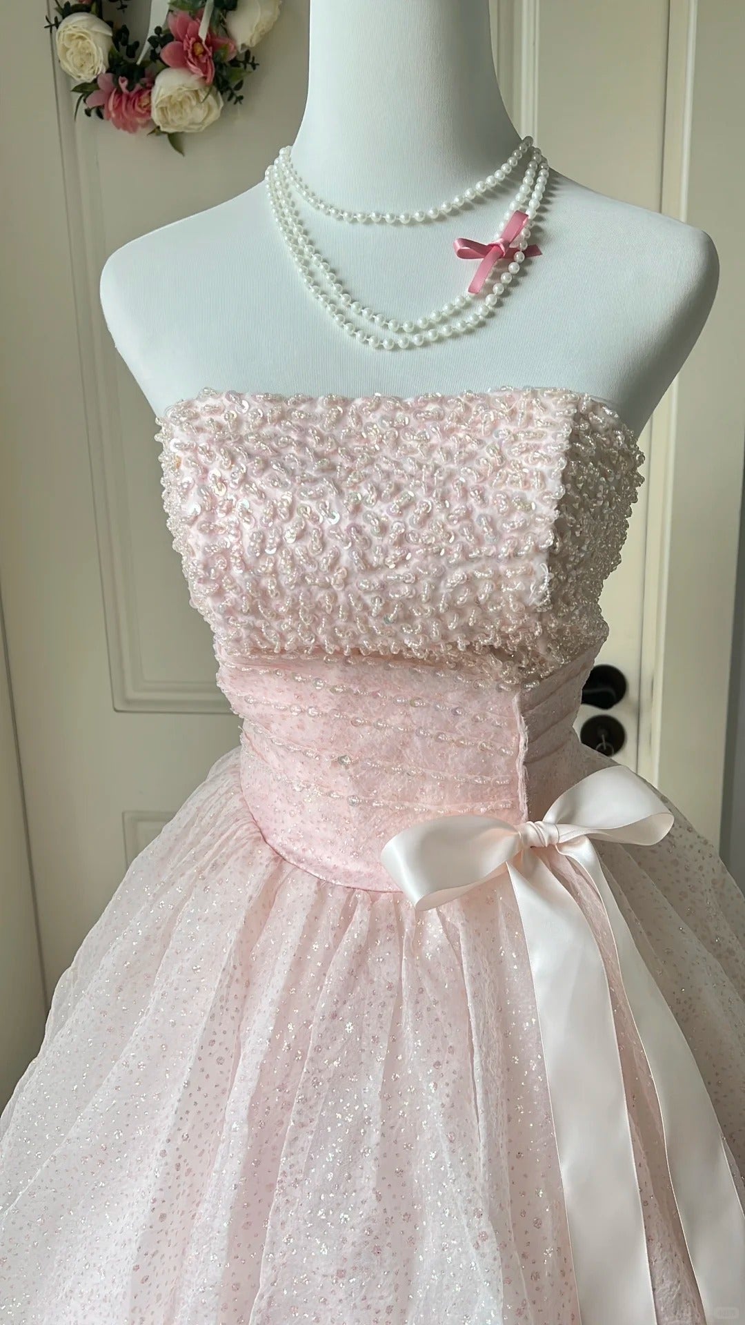 Princess Pink Strapless Bow Sequined Tulle Ball Gown Evening Dress Sweet 16 Dress