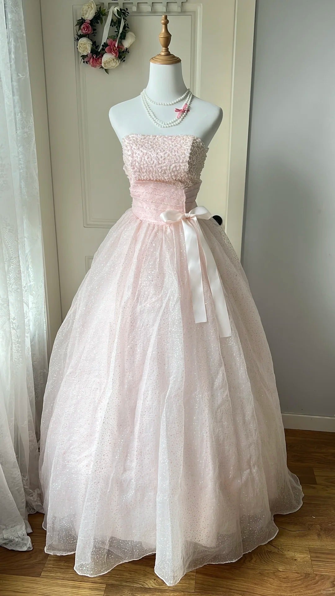 Princess Pink Strapless Bow Sequined Tulle Ball Gown Evening Dress Sweet 16 Dress Main image