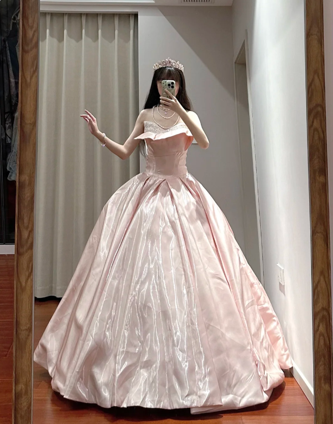 Princess Pink Strapless Ruffled Neck Satin Floor-Length Ball Gown Evening Gown 16Th Birthday Gown