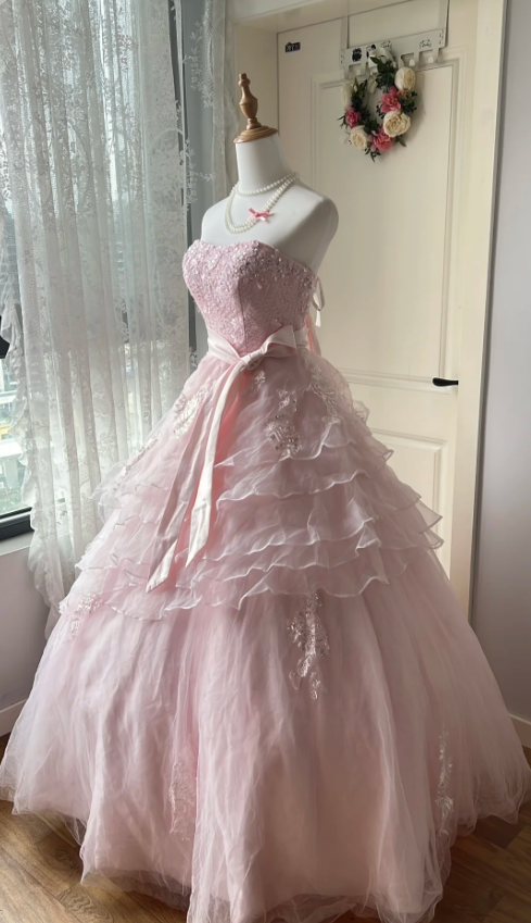 Princess Pink Strapless Tulle Ball Gown Evening Dress Main image