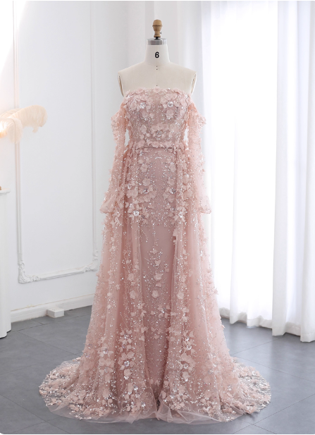 Princess Pink Train Off-The-Shoulder 3D Floral Tulle Prom Dress Evening Dress Secondary image