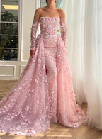 Princess Pink Train Off-The-Shoulder 3D Floral Tulle Prom Dress Evening Dress