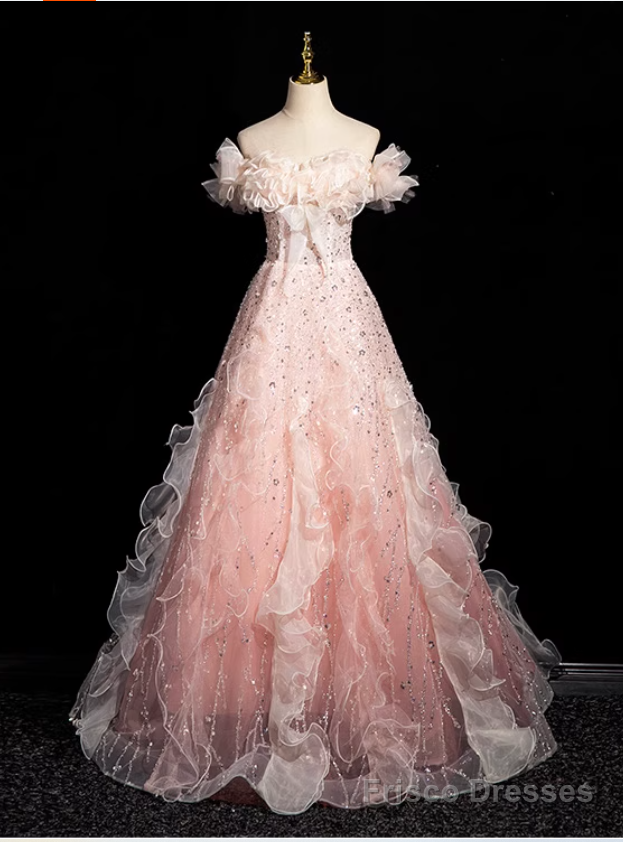 Princess Pink Tulle Sequins Off the Shoulder Prom Dress Main image