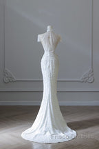 Princess Sheath High Neckline White Sequin Long Wedding Dress Brides Dress