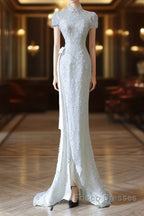 Princess Sheath High Neckline White Sequin Long Wedding Dress Brides Dress