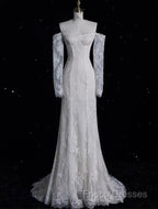 Princess Sheath Off The Shoulder White Lace Long Wedding Dress Brides Dress