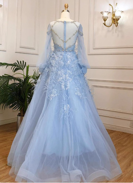Princess Sky Blue Long Crew Neck Feather Sparkling Diamond Tulle Prom Dress Evening Dress Secondary image