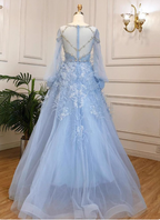 Princess Sky Blue Long Crew Neck Feather Sparkling Diamond Tulle Prom Dress Evening Dress